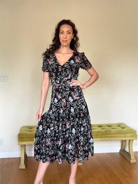 Floral Midi Dress in Black & Pink Like New